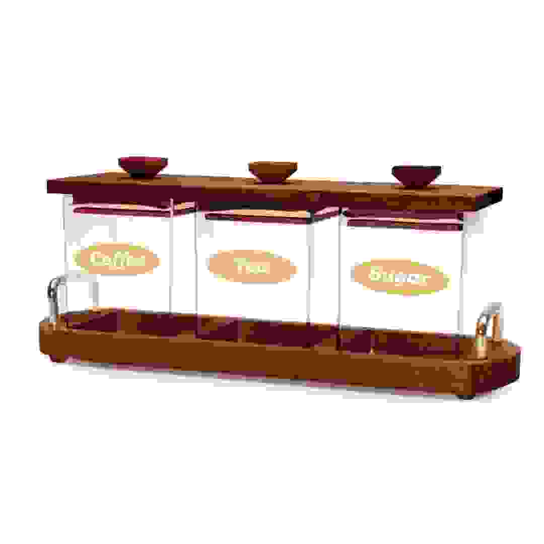 Billi 3-Piece Glass Canister W/ Wooden Lid & Tray Set