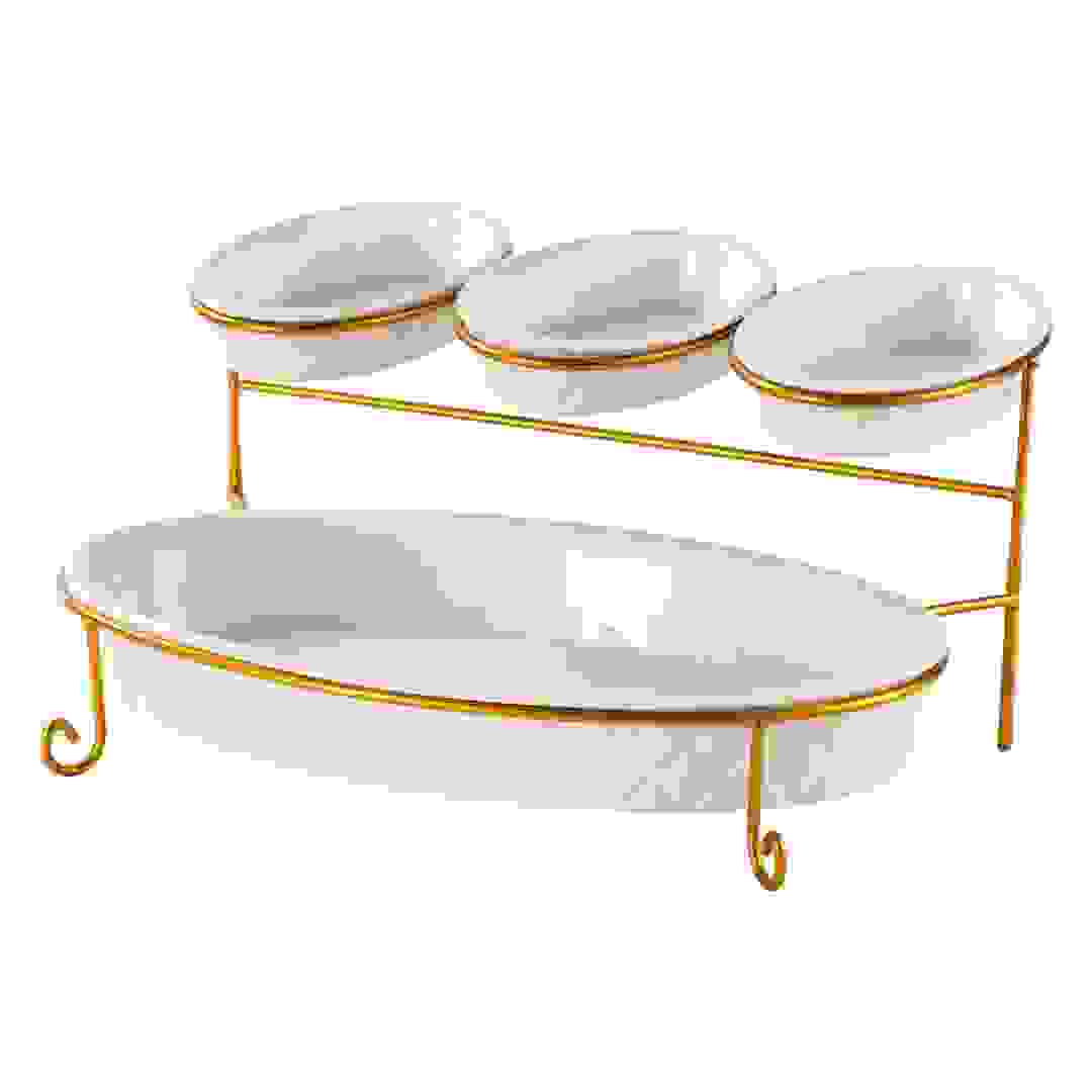 Shallow 2-Tier Oval Porcelain Serving Set (White & Gold)