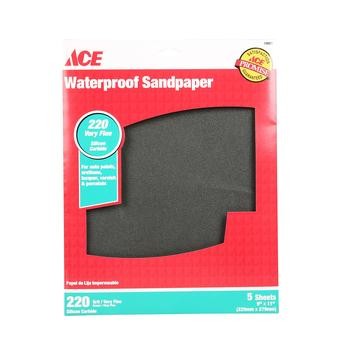 ACE Waterproof Sandpaper (220 Grit/Very Fine, 229 x 279 mm, Pack of 5)
