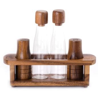 Billi Wooden & Glass Cruet W/ Salt & Pepper Shaker Set