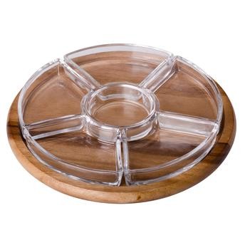Billi 6-Compartment Glass Chip & Dip Dish W/ Wooden Tray