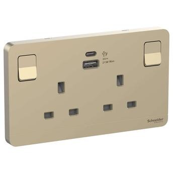 Schneider Electric 2 Gang Switched Sockets W/ 2 USB Charging Ports (17.2 cm)