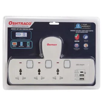 Oshtraco 3-Way Switched Universal T-Socket Adapter W/USB-C & USB-A Port (3250 W)