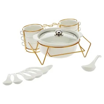 Shallow Porcelain Soup Set W/Stand (15 Pc., White & Gold)