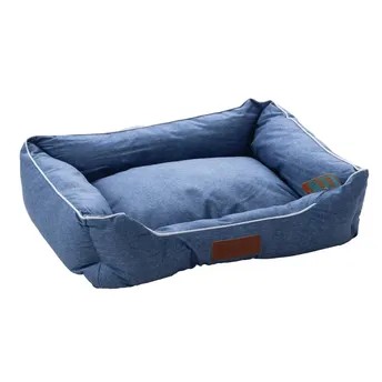 كنبة سرير حيوانات أليفة قماش تنجيد مربع إيس (أزرق، 65 × 55 × 20 سم)