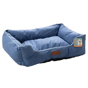 كنبة سرير حيوانات أليفة قماش تنجيد مربع إيس (أزرق، 85 × 65 × 24 سم)