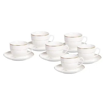 Shallow Glass Cup & Saucer Set (12 Pc., White & Gold)