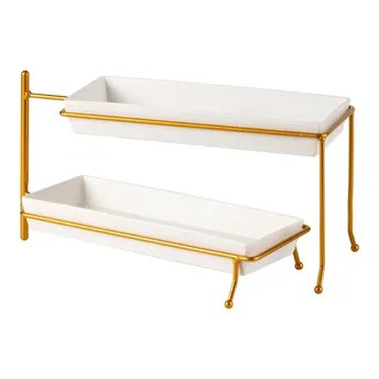 Shallow 2-Tier Rectangular Serving Plate (White & Gold)
