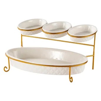 Shallow 2-Tier Oval Porcelain Serving Set (White & Gold)