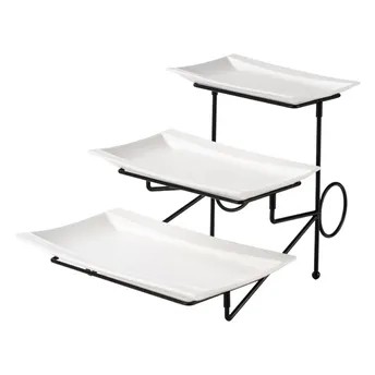 Shallow 3-Tier Porcelain Serving Plate W/Stand (White & Black)