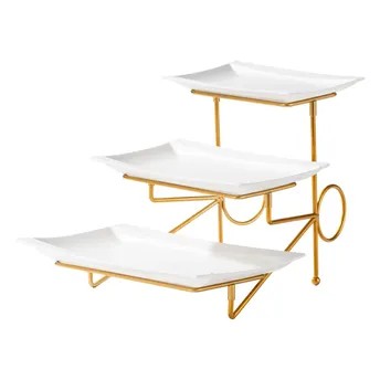 Shallow 3-Tier Porcelain Serving Plate W/Stand (White & Gold)