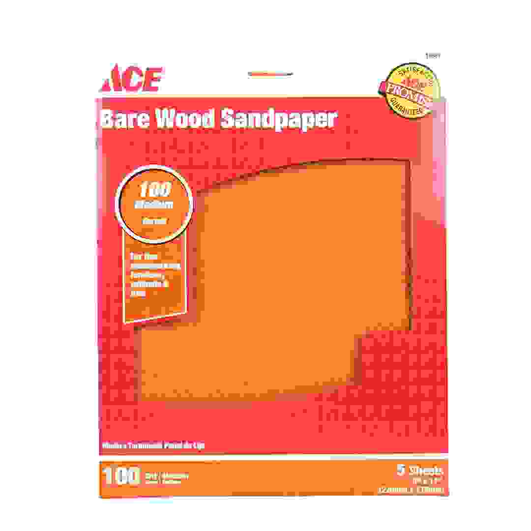 ACE Bare Wood Sandpaper (100 Grit/Medium, 229 x 279 mm, Pack of 5)