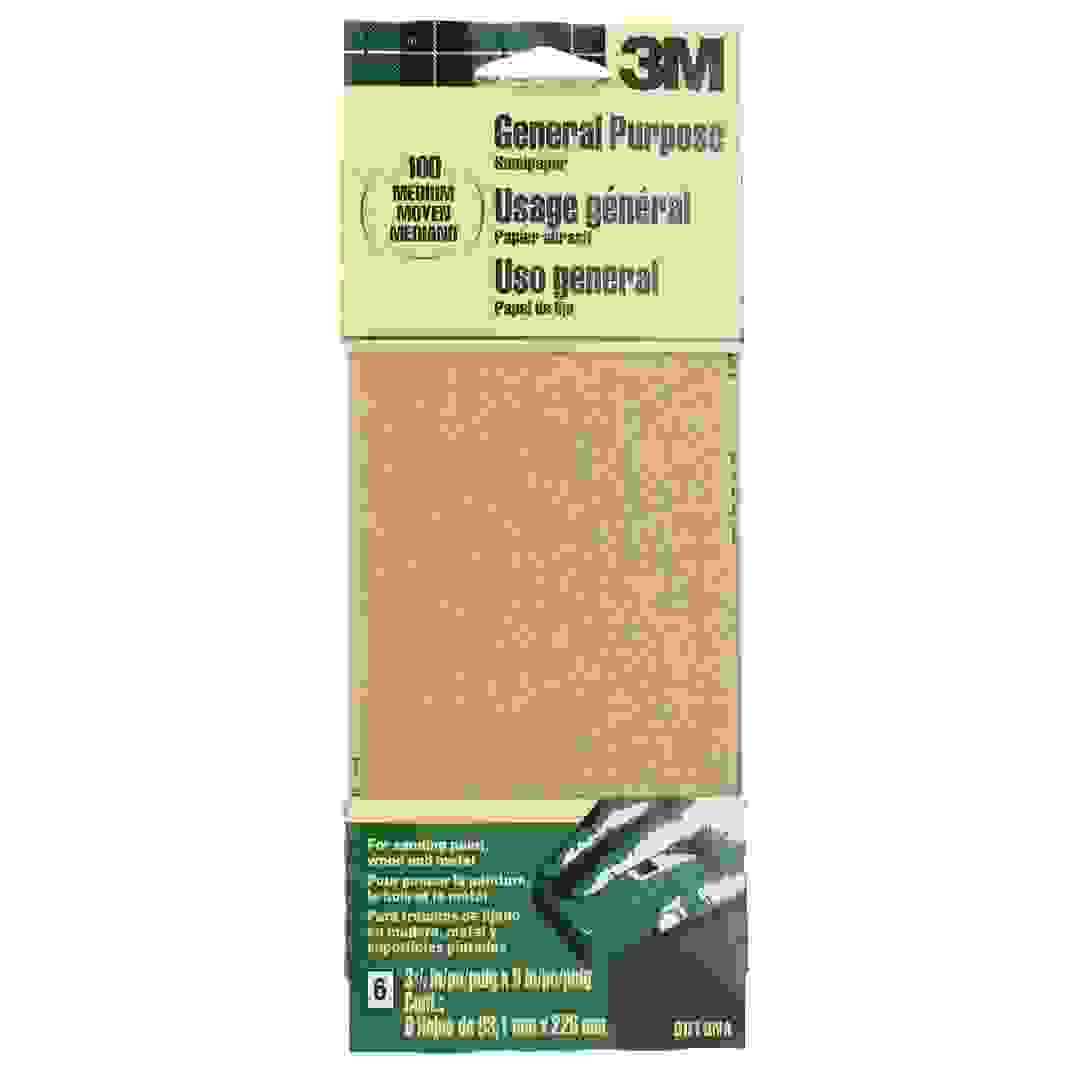 3M Aluminum Oxide Sandpaper 100 Medium Grit Pack (9.31 x 22.8 cm, 6 Pc.)