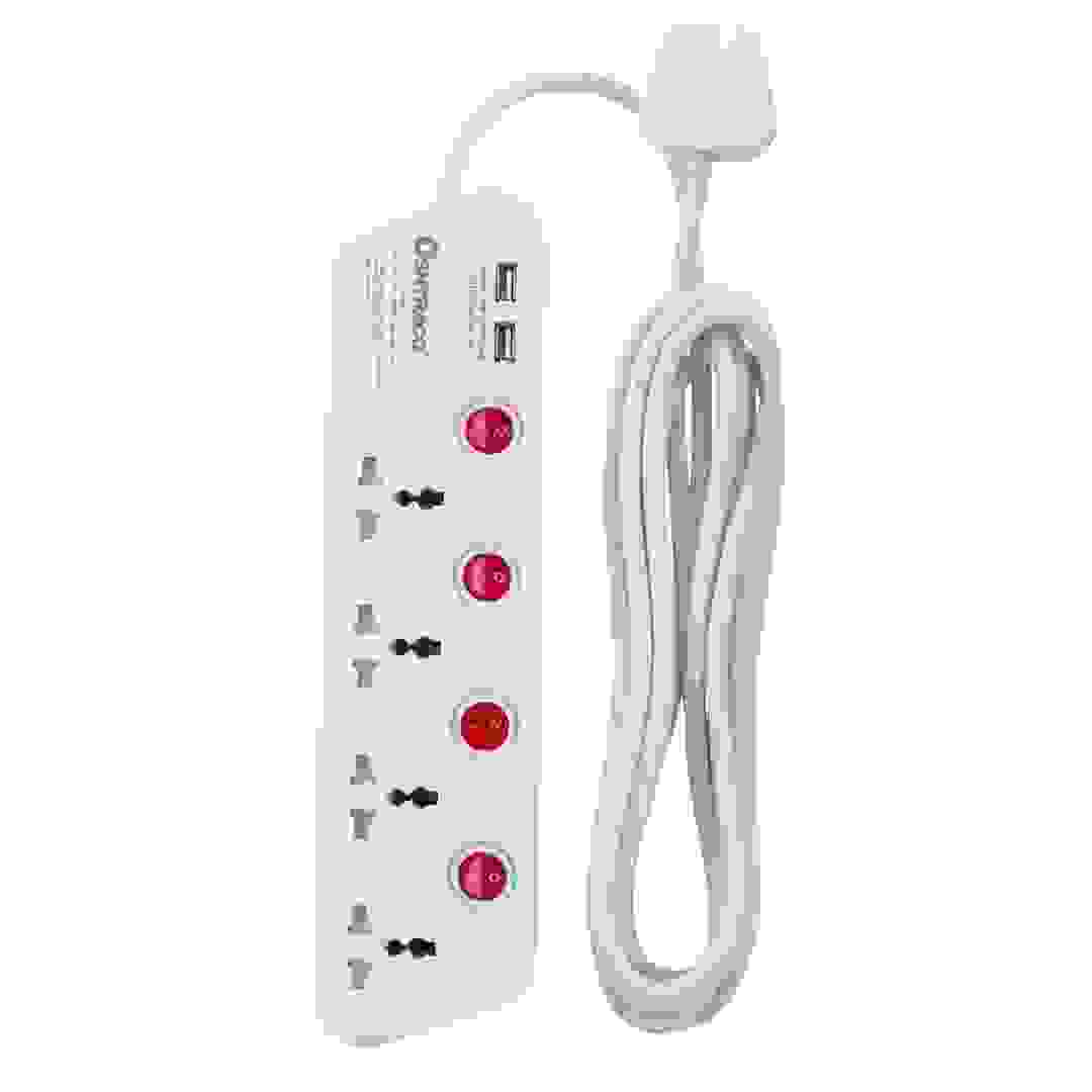 وصلة كهرباء رباعية المقابس بسلك إطالة مع منفذين USB أوشتراكو (4 متر)