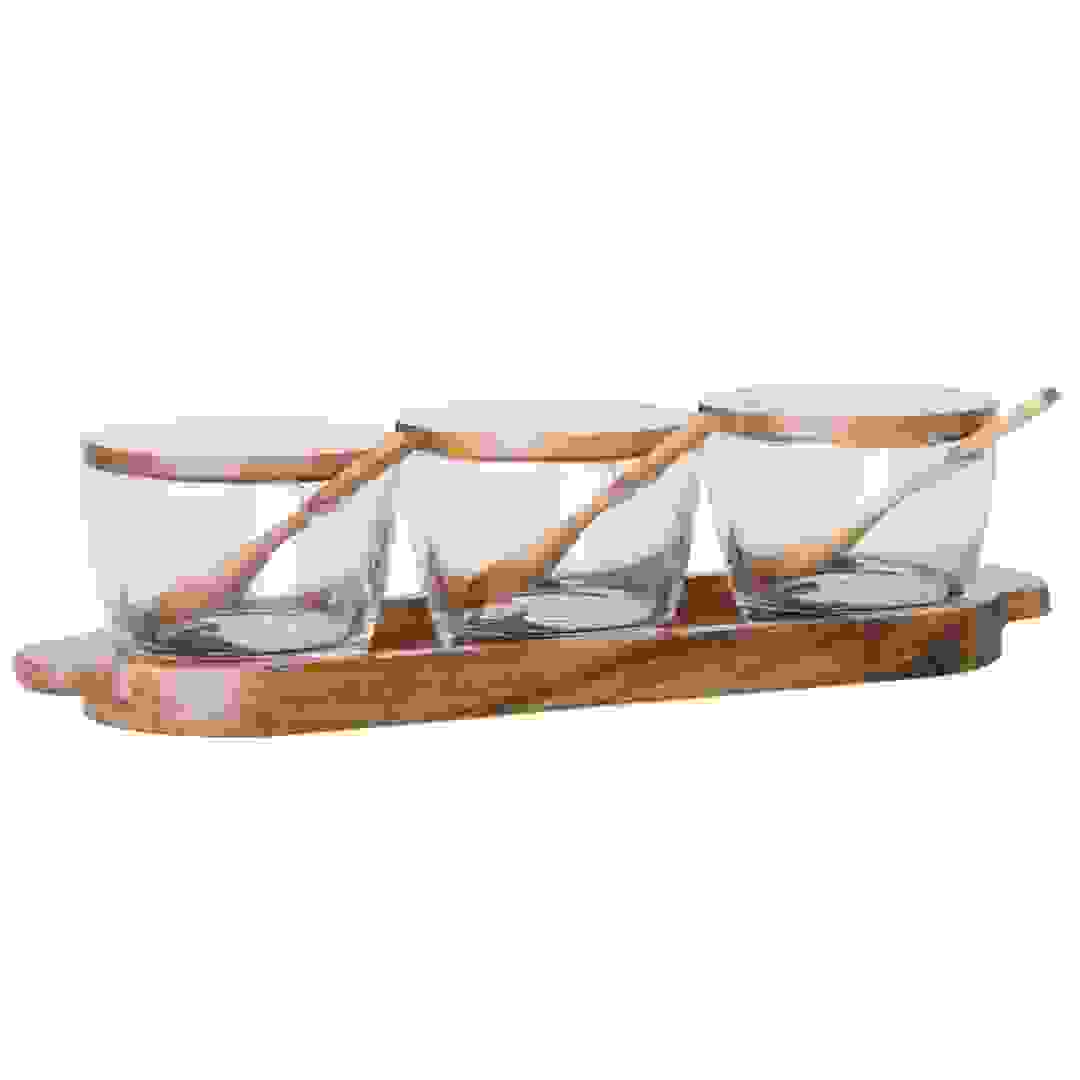 طقم مرطبان بهارات زجاجي مع صينية خشبية وغطاء وملعقة بيلي