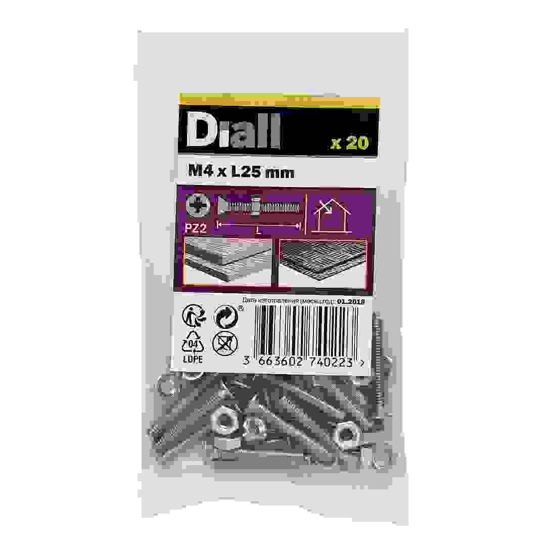 Diall Zinc-Plated Carbon Steel Machine Screw & Nut Pack (M4 x 25 mm, 20 Pc.)