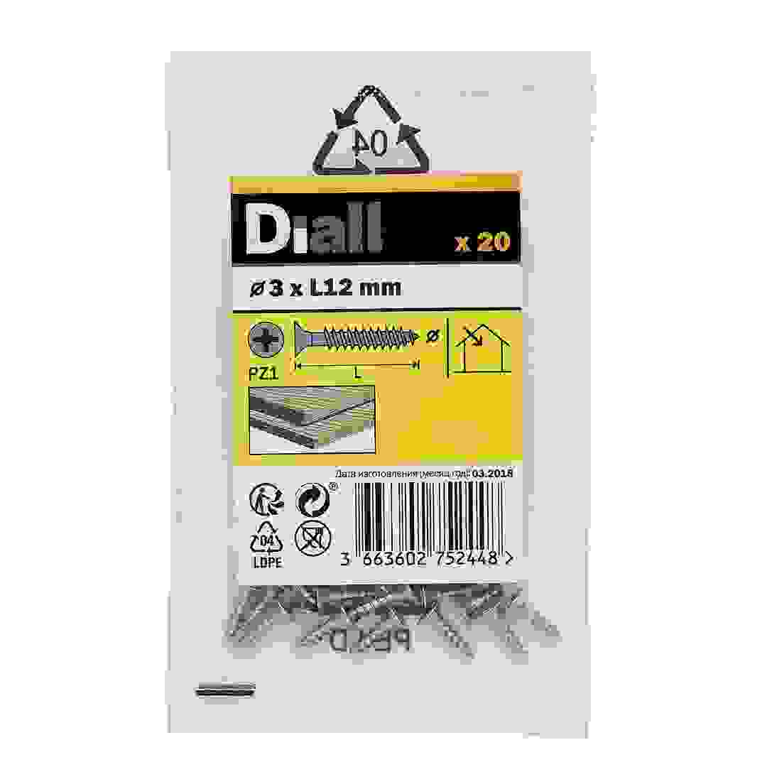 Diall Zinc-Plated Carbon Steel Wood Screw Pack (3 x 12 mm, 20 Pc.)