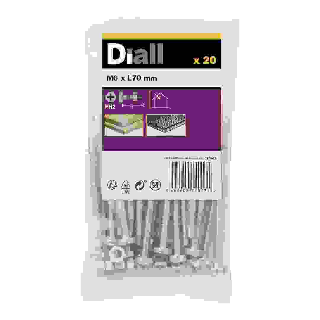 براغي وصواميل M6 للآلات برأس مسطح مشقوق من الفولاذ الكربوني ديال (70 ملم، 20 قطعة)