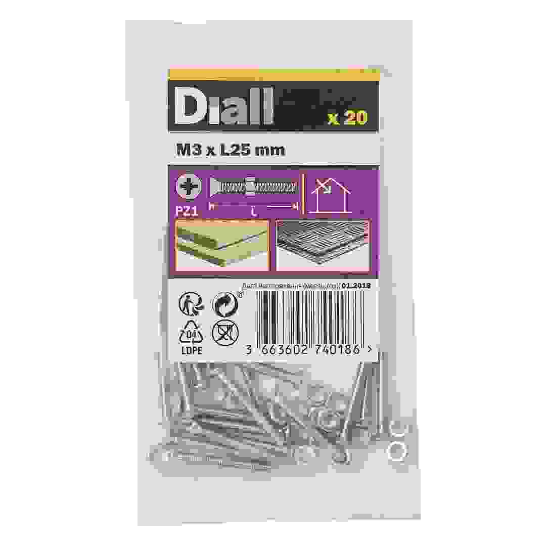 Diall M3 Carbon Steel Countersunk Machine Screw & Nut (25 mm, 20 Pc.)
