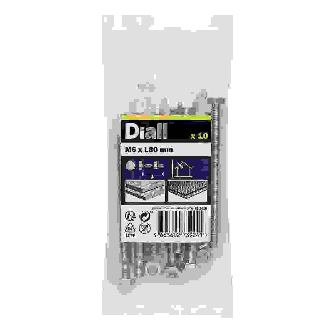 Diall Zinc-Plated Carbon Steel Hex Bolt & Nut Pack (M6 x 80 mm, 10 Pc.)