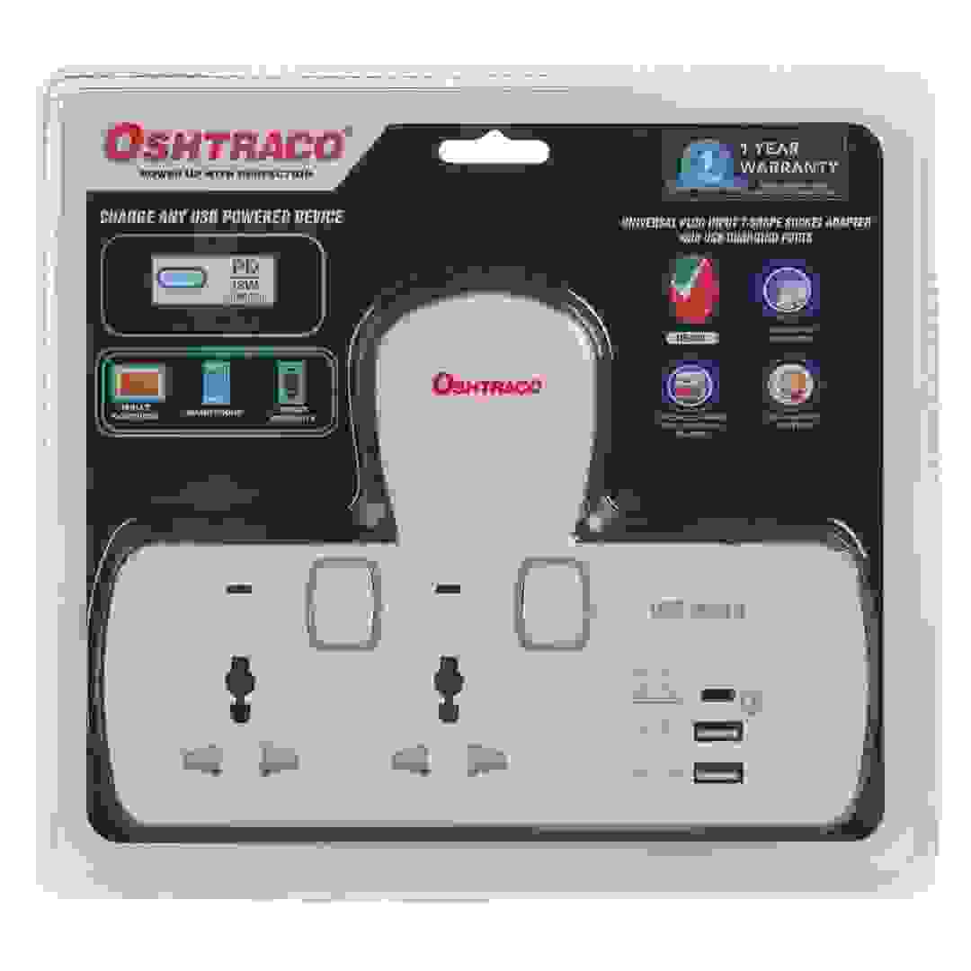 Oshtraco 2-Way Switched Universal T-Socket Adapter W/USB-C & USB-A Port (3250 W)