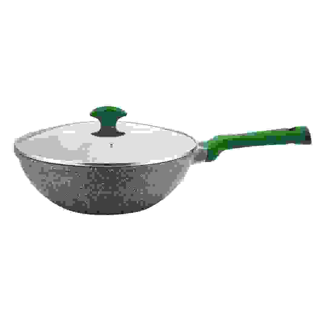 Prestige Essentials Non-Stick Granite Wok Pan W/Lid & Aluminum Base (30 cm, Green)