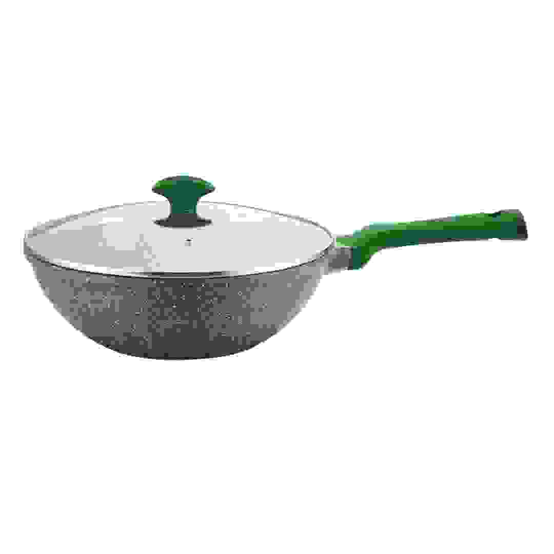 Prestige Essentials Non-Stick Granite Wok Pan W/Lid & Aluminum Base (32 cm, Green)