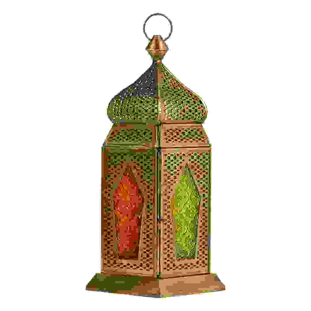 Hilalful Maghreb Brass Antique Lantern (12.3 x 12.3 x 32 cm, Green & Tangerine)