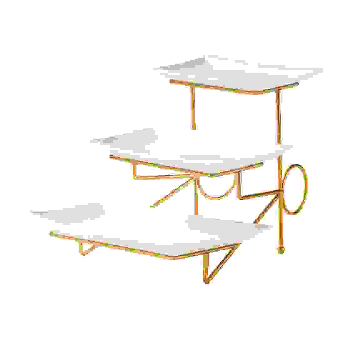 Shallow 3-Tier Porcelain Serving Plate W/Stand (White & Gold)
