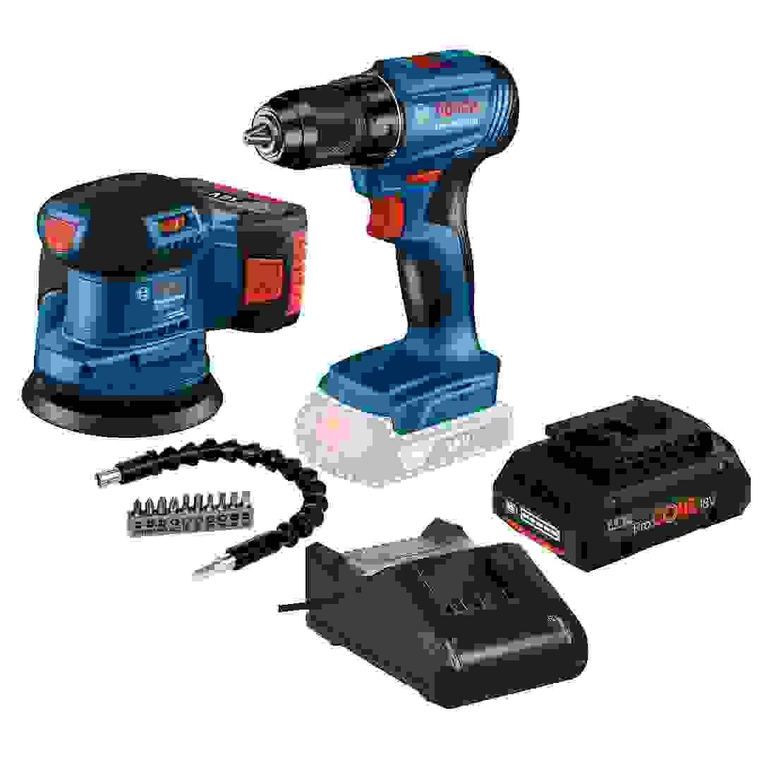 Bosch Professional Cordless Drill Driver, GSR 185-LI (18 V) + Cordless Random Orbit Sander, GEX 185-LI (18 V) + Battery, Charger & Accessory Set