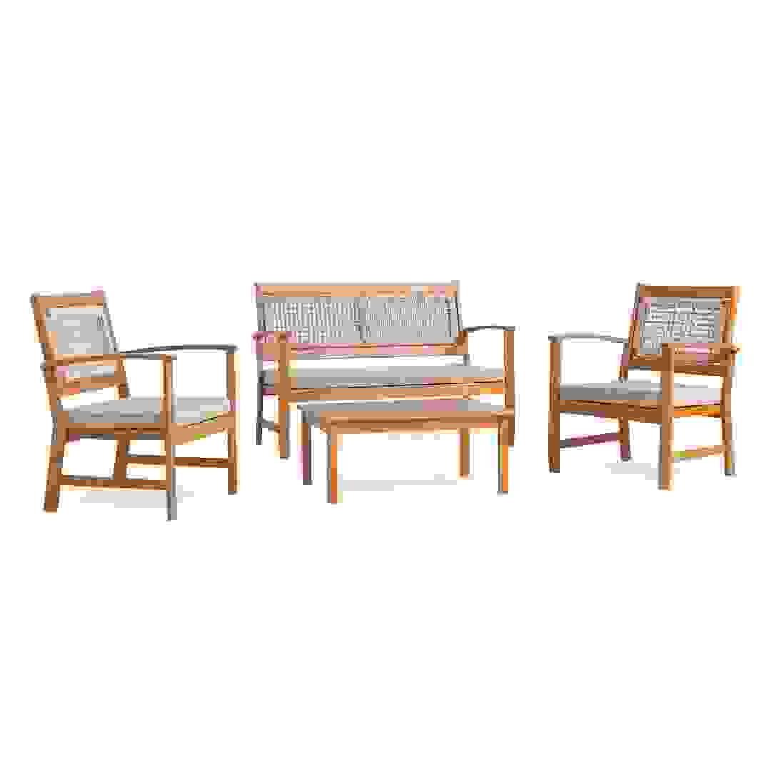 Rope Weaving Acacia Wood 4-Seater Outdoor Sofa Set W/Cushions (120.5 x 61 x 81 cm)