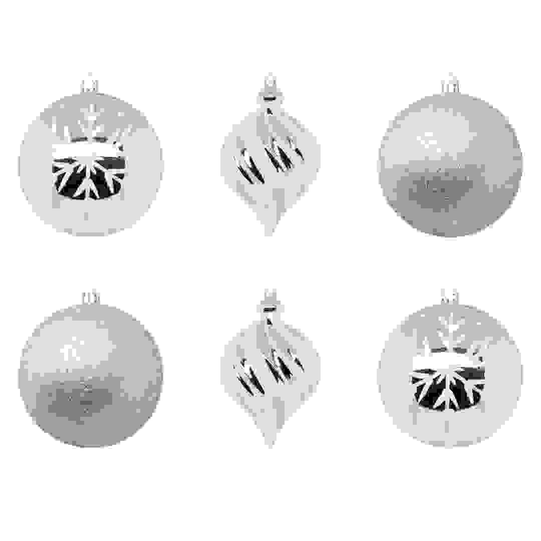 Atmosphera Plastic Christmas Baubles (10 cm, Silver & White, 6 Pc.)