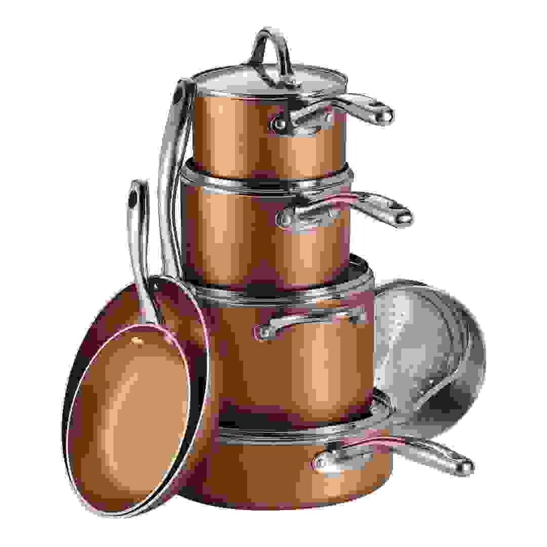 طقم أواني طهي غير لاصق من تريامونتينا، مقوى بالتيتانيوم ومصنوع من الألمنيوم الثقيل (ألوان متنوعة، 11 قطعة)