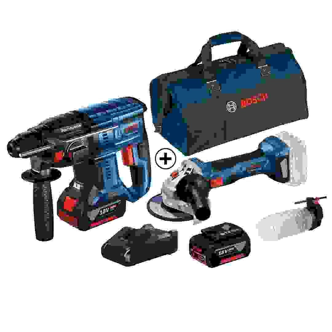 طقم مثقاب مطرقي لاسلكي عديم الفحمات + جلاخة 18 فولت بوش (GBH180+GWS180 + بطاريتين بقوة 4 ملي أمبير + شاحن)