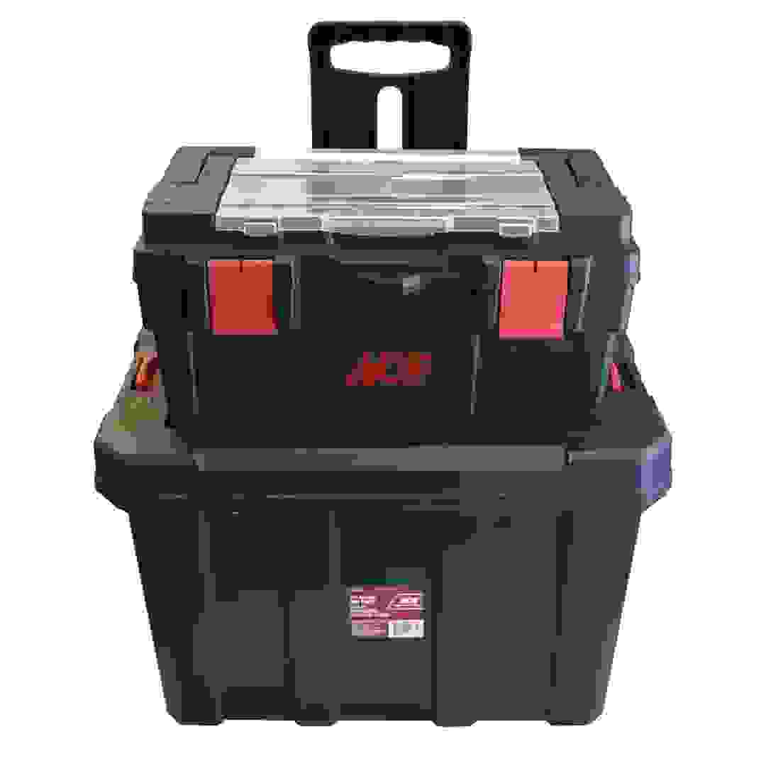 مجموعة قطعتين صندوق أدوات بلاستيك دوار بمقبض وعجلات إيس