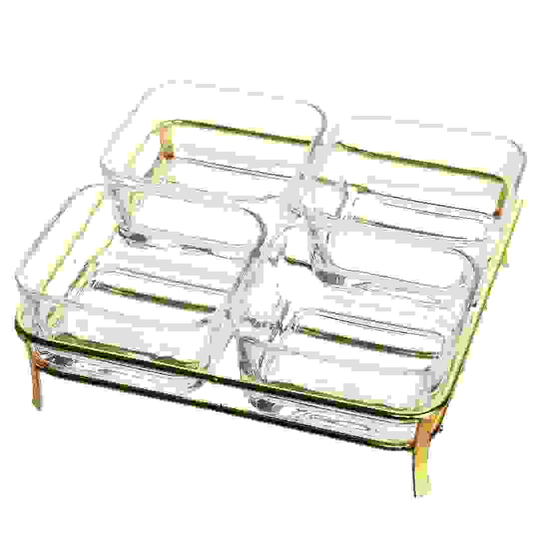 Glass Snack Bowl Set W/Gold Iron Stand (4 Pc.)