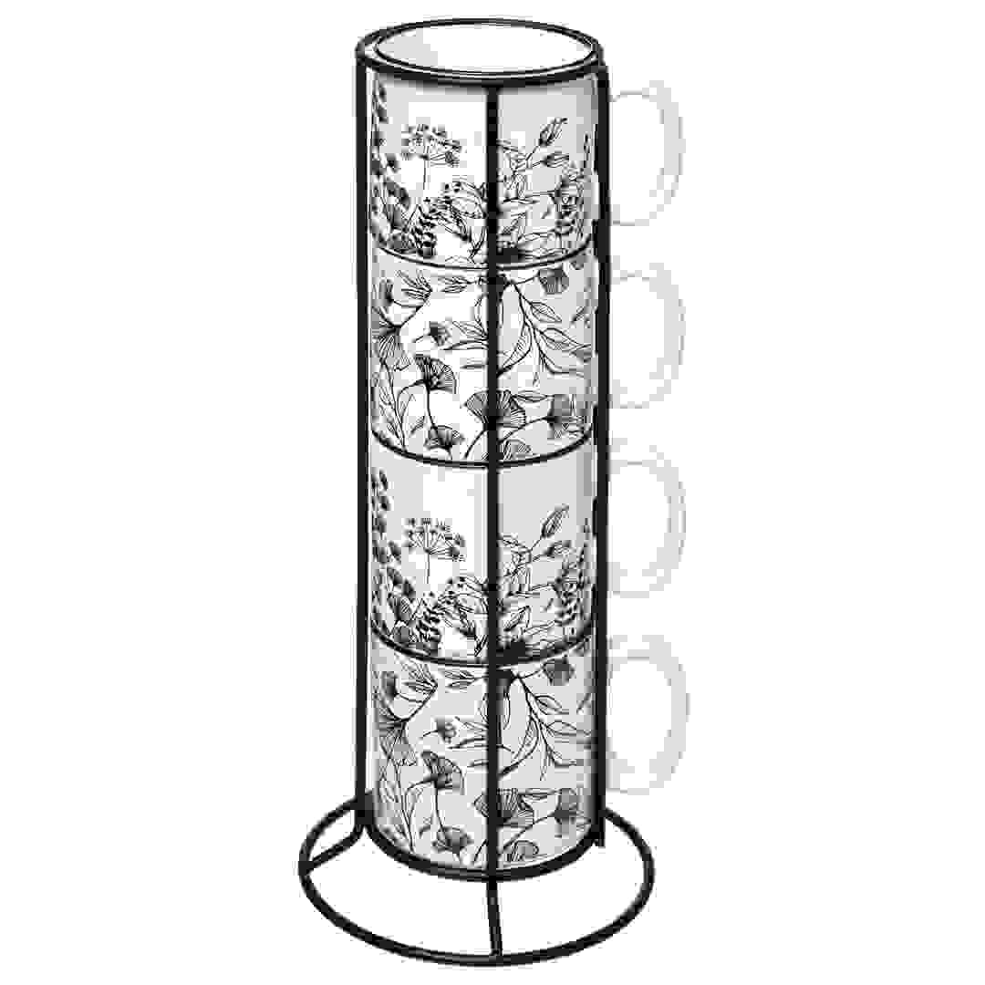 SG Mug Set W/Rack Floral Pattern (White, 12 x 12, 10 ml, 4 Pc.)