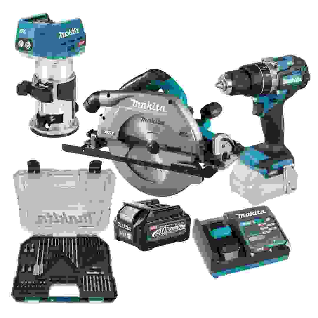 طقم مثقاب مطرقي لاسلكي ومنشار دائري وحفارة أخاديد وحواف ماكيتا