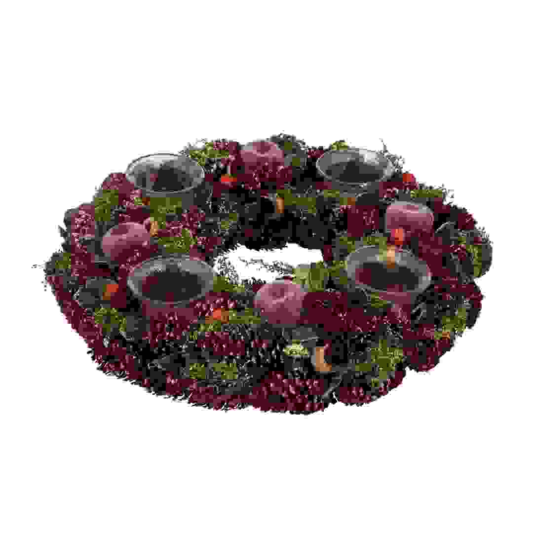 Atmosphera Red Apple Wreath with 4 Glass Candle Holders (1 Pc, 35 x 7 cm)