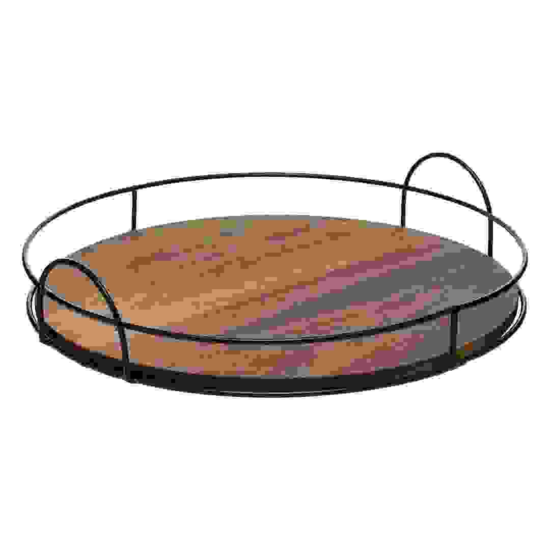 SG Mina Acacia Wood Round Serving Tray W/Steel Rim (34 x 7 cm)