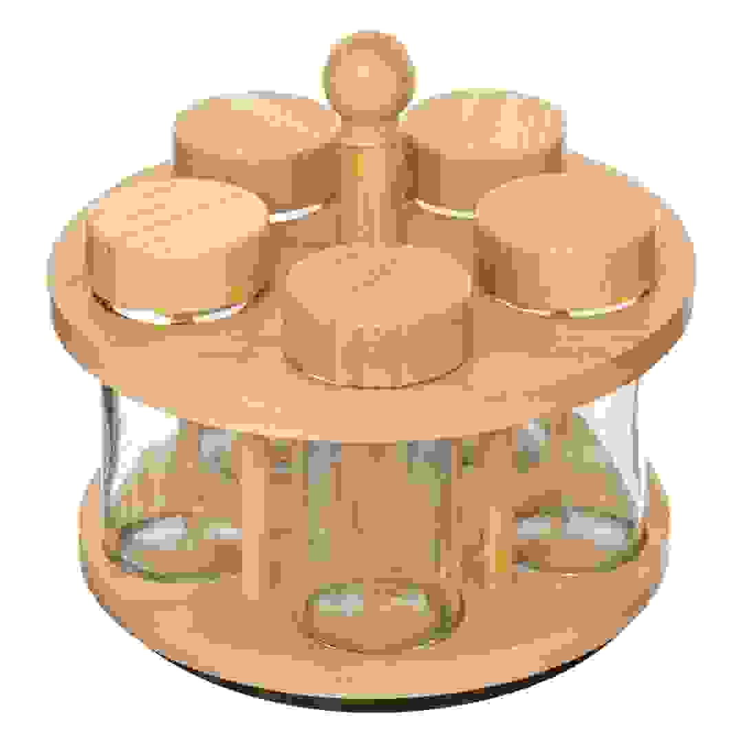 طقم برطمانات مع حامل خيزران دوار 5فايف كوزي سبايس (القطر 17 × 17.5 سم، 5 برطمانات)