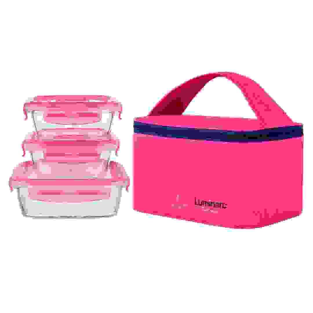 Luminarc Rectangular 3-Glass Food Containers W/Pink Carry Bag