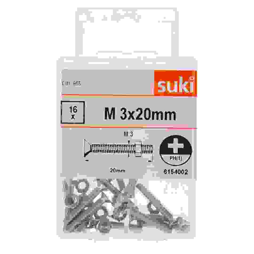 Suki 6154002 M3 Flat-Head Countersunk Machine Screws (20 mm, Pack of 16)
