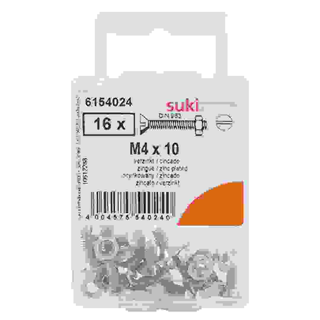 Suki Zinc-Plated Slotted Flat-Head Countersunk Machine Screws (M4 x 10 mm, Pack of 16)