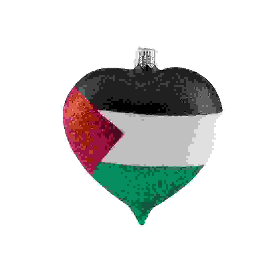 حلية زجاجية مطلية باليد على شكل قلب (علم فلسطين، 11 × 9 سم)